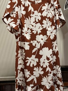 LOFT Burnt Orange Floral Midi Dress with White Bloom Print